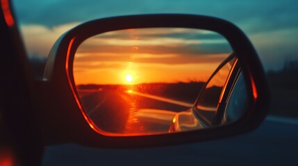 A car's side mirror reflecting a road through the forest at sunset.