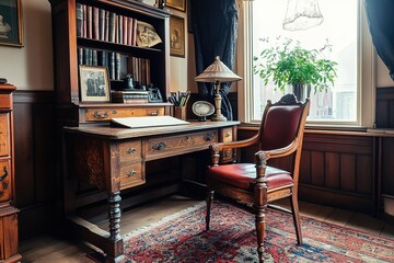 Classic wooden study desk with vintage decor in an elegant room
