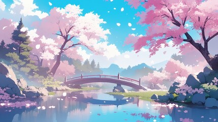 A peaceful park filled with blooming cherry blossom trees, their pink petals gently falling onto a quiet pond with a stone bridge