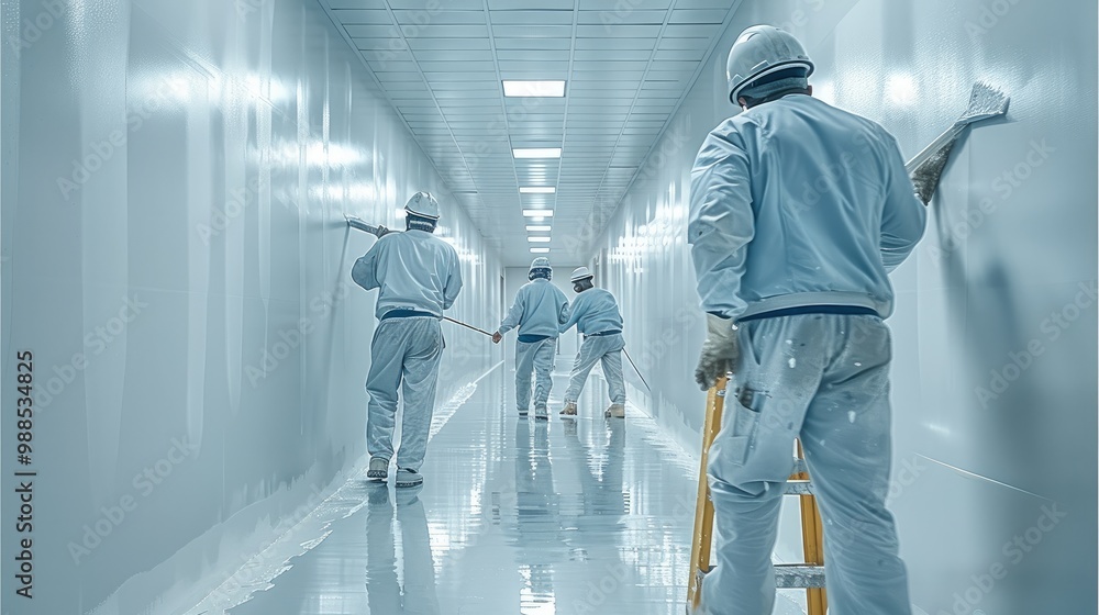Aufkleber a team of professional painters working in an office building, painting the walls with precision and