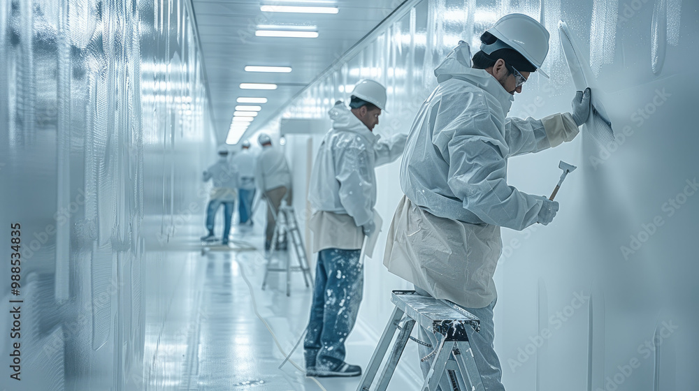 Aufkleber a team of professional painters working in an office building, painting the walls with precision and