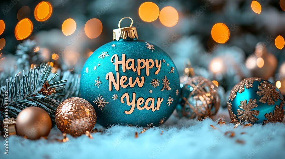 Poster modern happy new year playful handwritten font on a soft teal background with abstract golden shapes