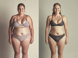 Two women are shown in bikini bottoms, one of whom is overweight