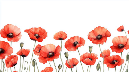 Fototapeta premium watercolor illustration of red poppies on a white background with empty space for text, creating an elegant and minimalistic design perfect for invitations, cards, or prints.