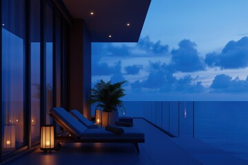 Fototapeta premium A tranquil evening scene featuring a modern terrace by the sea, illuminated by soft lights, promoting relaxation and coastal serenity.