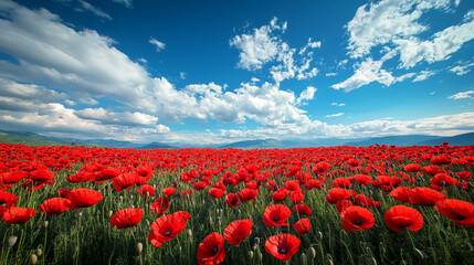 Fototapeta premium nature photography panoramic shot of a field of red poppies against a blue sky, capturing the vibrant blooms and open landscape, creating a serene and picturesque scene