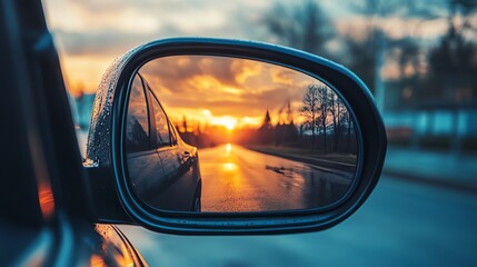A sunset seen through the rearview mirror of a car.