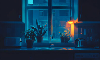 A blue and orange lit kitchen with a window, sink, plants, and a toaster.