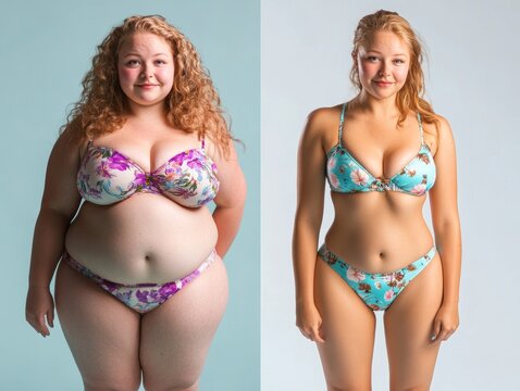 Two women are shown in bikini bottoms, one of whom is overweight