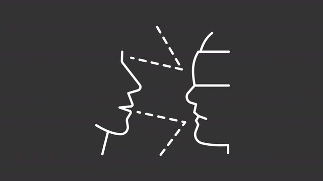 Biases white line animation. Social stereotype animated icon. Moving jaw, line. Unfair opinion, discrimination. Isolated illustration on dark background. Transition alpha video. Motion graphic