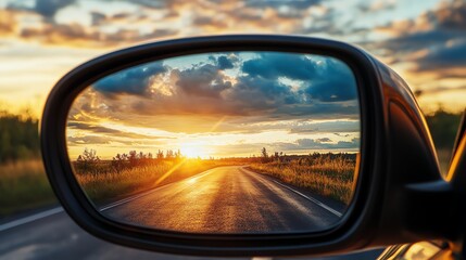 The setting sun is reflected in a car's rearview mirror, with a road ahead.
