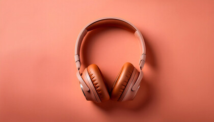 Pair of Headphones on a Soft Pastel Coral Background