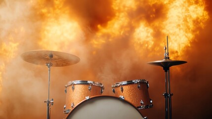 Dynamic drumming setup against a fiery background, capturing the essence of rhythm and energy in music performance.
