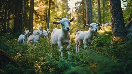 Naklejka premium Two White Goats in a Lush Forest Setting