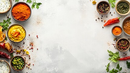 Top view of various colorful Indian sauces and spices on white background with copy space.