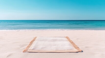 Fototapeta premium A serene beach scene featuring a soft rug laid on the sand, inviting relaxation under a clear blue sky and gentle ocean waves.