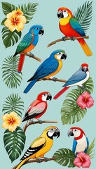 Fototapeta premium set bird tropical tropical bird watercolor bird set parrot exotic illustration background isolated animal toucan cockatoo art nature drawing white pink vintage wildlife jungle macaw design green