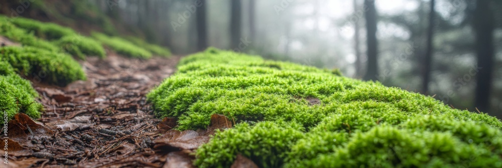Poster moss detail with forest path background, intricate textures of moss highlighted, soft focus on a ser