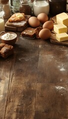 Rustic Baking Scene Ingredients for a Delicious Cake on a Wooden Table with Copy Space.