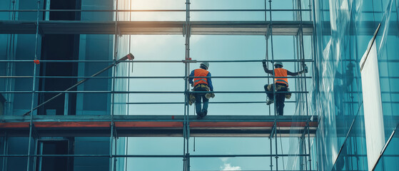 Two construction workers on scaffolding, high above the ground, working on a modern building under a clear sky.
