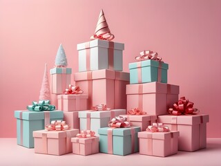 Obraz premium abstract pastel Santa Claus hat with Christmas gift boxes on pastel pink backdrop