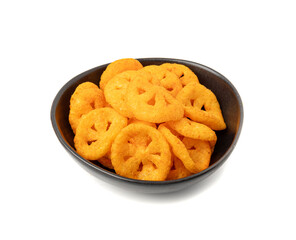 Corn puff snack isolated, crunchy cereal nosh, crispy yellow rice breakfast with paprika