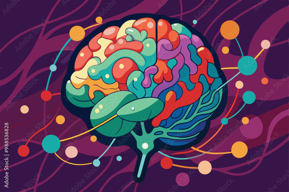 Poster a vibrant and abstract neural brain illustration showcasing colorful pathways and connections, abstr