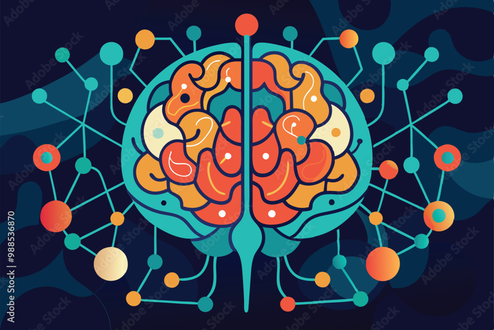 Poster an abstract depiction of a neural brain showcasing intricate connections and colorful neural pattern