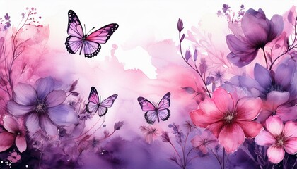 "Watercolor Floral and Butterfly Scene – This beautifully crafted watercolor artwork showcases vibrant pink and purple flowers, complemented by fluttering butterflies in matching hues.