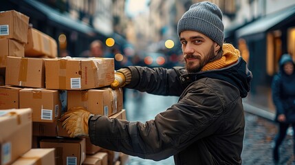 Volunteers collect humanitarian aid boxes in the street for immigrants.