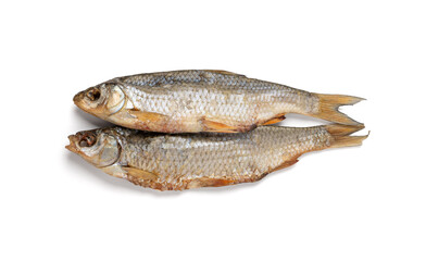Dry roach, salted fish isolated, dried rutilus, taranka beer snack, whole salted and dried fish, prepared seafood