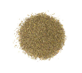 Dry thyme isolated, dried marjoram, oregano pile, ground crushed thyme seasoning, thyme leaves