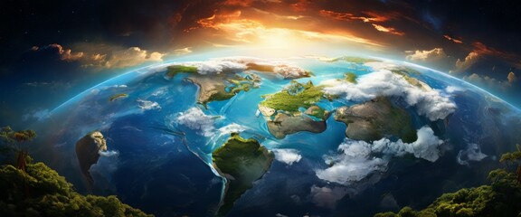 A breathtaking, high-resolution view of Earth as seen from space, with detailed continents, swirling clouds, and a radiant atmosphere lit by the sun. Perfect for concepts of nature, global unity, and