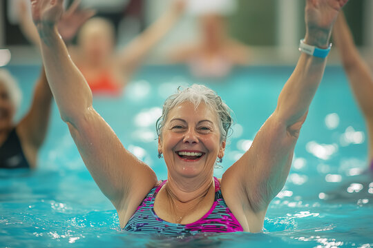 Vibrant caucasian retired women enjoying  an aqua gym class, fully embracing healthy, active retirement lifestyle 