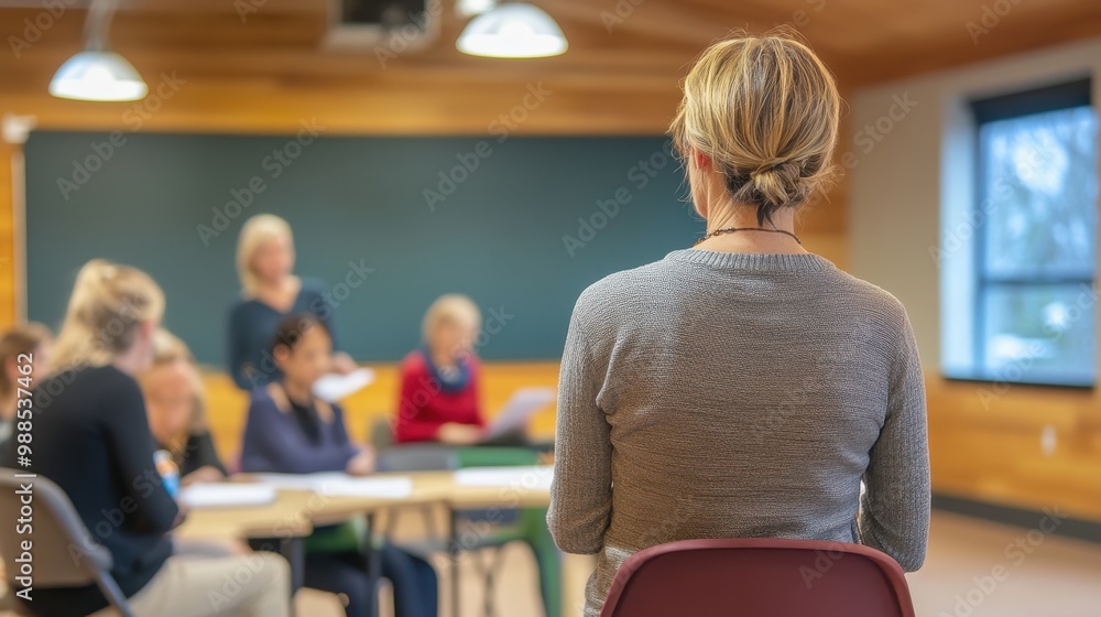 Poster teacher instructing students in a classroom setting