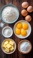 Classic Baking Ingredients in Bowls Flour, Eggs,  Butter for a Delicious Homebaked Recipe