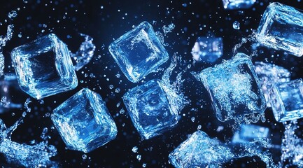 A dynamic scene of ice cubes suspended in mid-air, with splashes and droplets around them. 
