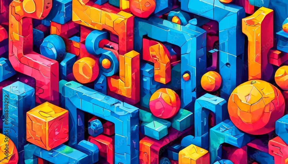Poster a vibrant 3d-rendered geometric illustration featuring colorful cubes, spheres, and various shapes a
