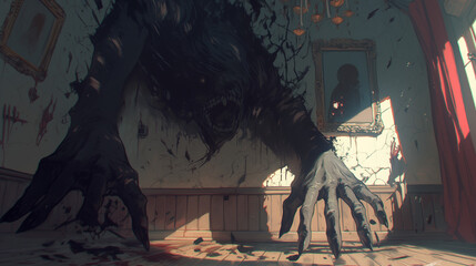 Fototapeta premium Dark entity bursts through the floorboards, its horrifying face screaming silent terror