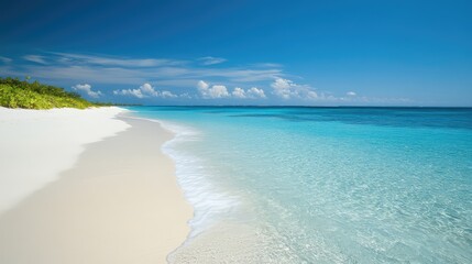 Fototapeta premium A peaceful island beach with smooth, white sand and crystal-clear waters lapping gently at the shore under a bright, cloudless sky.
