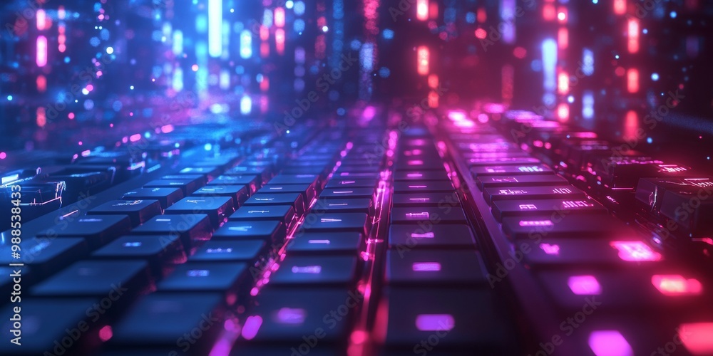 Poster futuristic keyboard design, illuminated by vibrant neon tech lights, creating a sleek and modern amb
