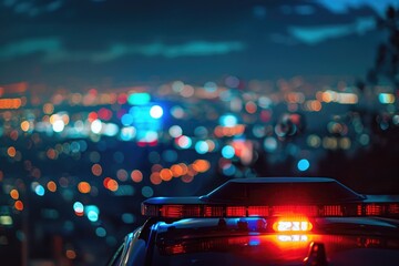 Car Lights Night. Police Car with Blue Flasher Lights in Urban Background