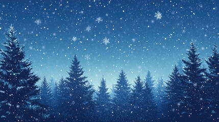 Naklejka premium Christmas Background,Winter Night sky dark blue with starry,snowy in woodland landscape with firs,coniferous forest pine and falling snow,Vector with generative ai