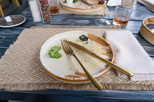 Dirty plate, empty restaurant bowl after dinner, finished lunch, oil and smeared sauce on white plate