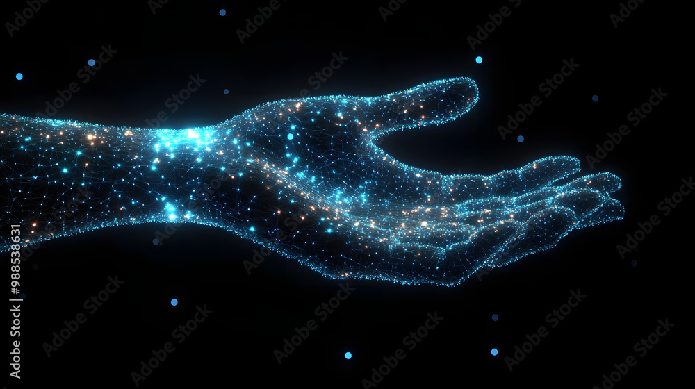 Poster digital hand hologram representing communication with artificial intelligence and neural network con