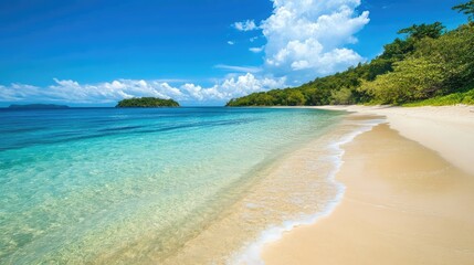 Obraz premium A peaceful island beach with smooth, white sand and crystal-clear waters lapping gently at the shore under a bright, cloudless sky.