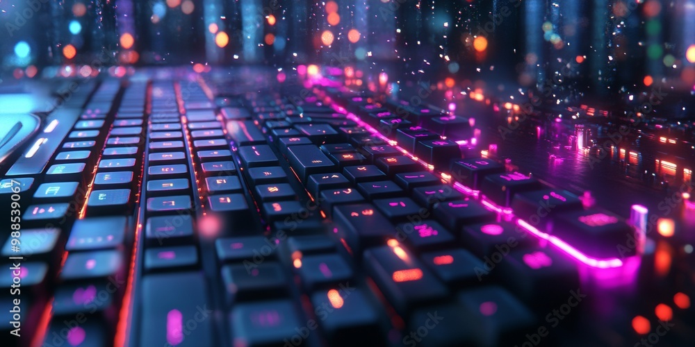 Poster futuristic keyboard design, featuring intricate keys and a softly blurred backdrop of vibrant neon t