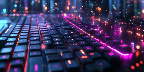 Futuristic Keyboard Design, featuring intricate keys and a softly blurred backdrop of vibrant neon technology lights