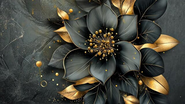 Elegant black and gold flower art design with intricate details and textured background