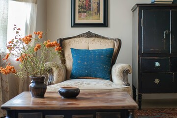 Cozy vintage interior with elegant armchair and wooden table